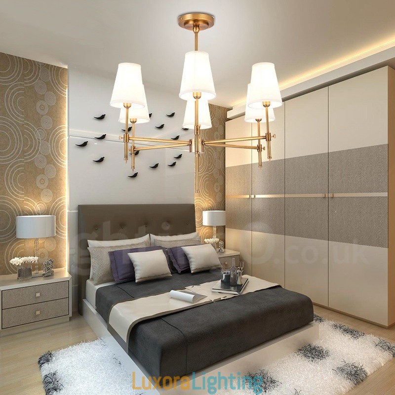 Designer Touch Decorative 6 Light Retro Rustic Luxury Brass Pendant Lamp Chandelier with Fabric Shade