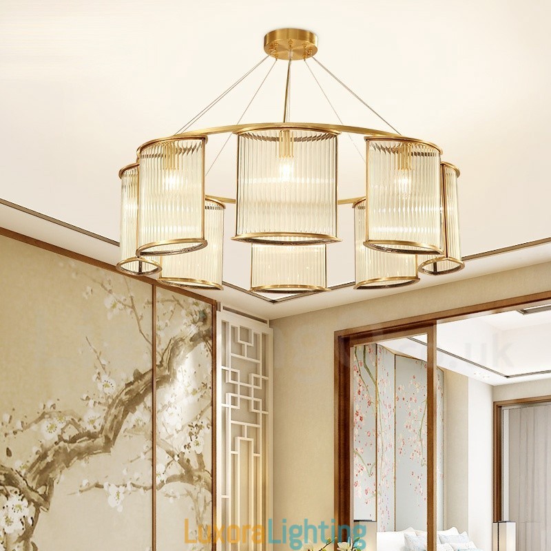 Designer Touch Decorative 8 Light Retro Rustic Luxury Brass Pendant Lamp Chandelier with Glass Shade