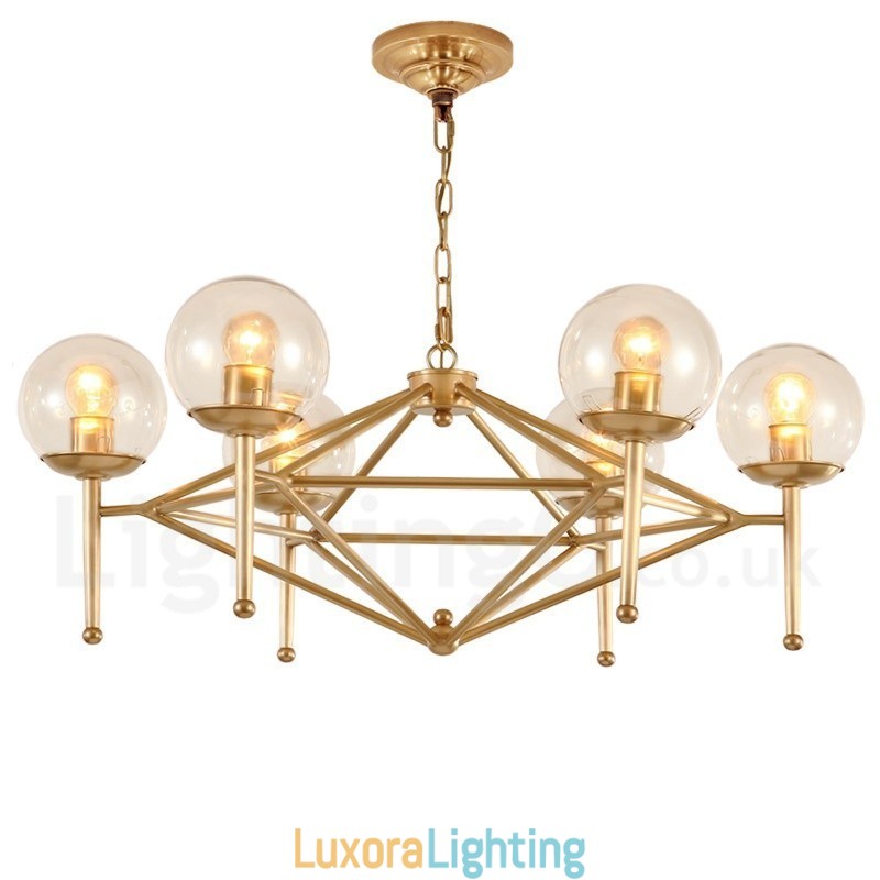 Designer Touch Decorative 6 Light Retro Rustic Luxury Brass Pendant Lamp Chandelier with Glass Shade