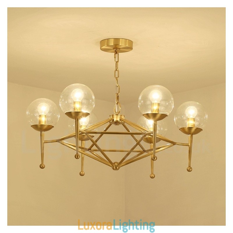 Designer Touch Decorative 6 Light Retro Rustic Luxury Brass Pendant Lamp Chandelier with Glass Shade