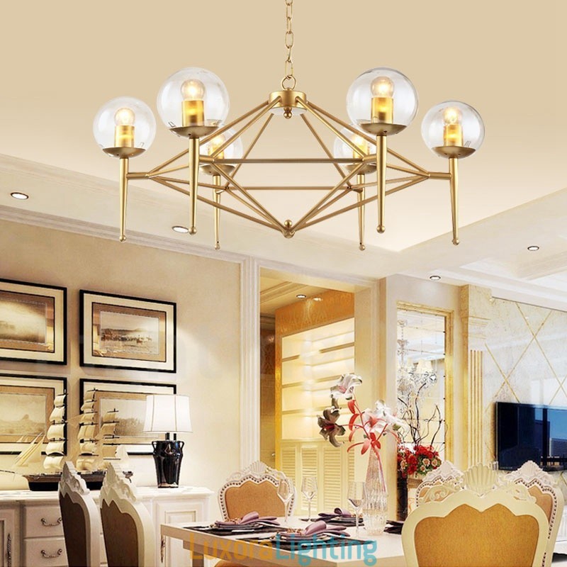 Designer Touch Decorative 6 Light Retro Rustic Luxury Brass Pendant Lamp Chandelier with Glass Shade