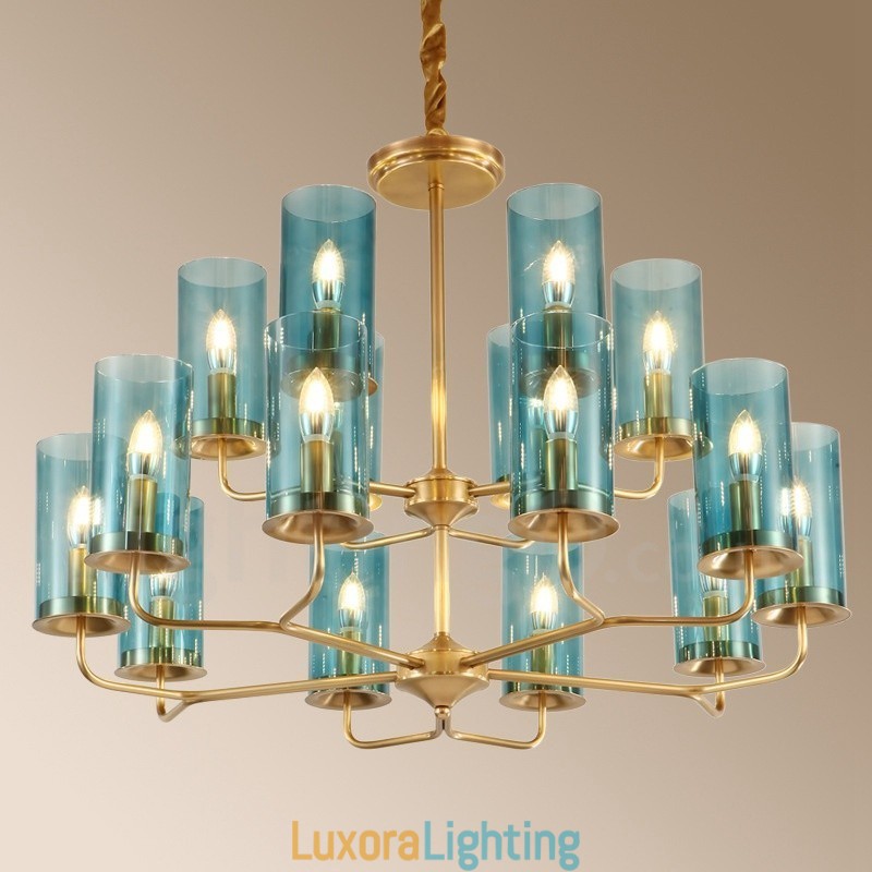Designer Touch Decorative 16 Light Retro Rustic Luxury Brass Pendant Lamp Chandelier with Glass Shade