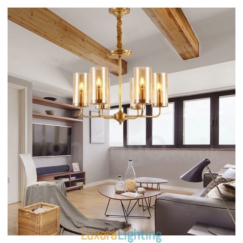 Designer Touch Decorative 6 Light Retro Rustic Luxury Brass Pendant Lamp Chandelier with Glass Shade