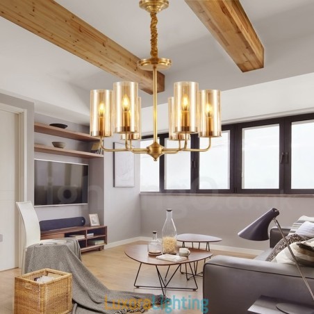Designer Touch Decorative 6 Light Retro Rustic Luxury Brass Pendant Lamp Chandelier with Glass Shade