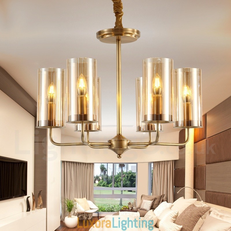 Designer Touch Decorative 6 Light Retro Rustic Luxury Brass Pendant Lamp Chandelier with Glass Shade