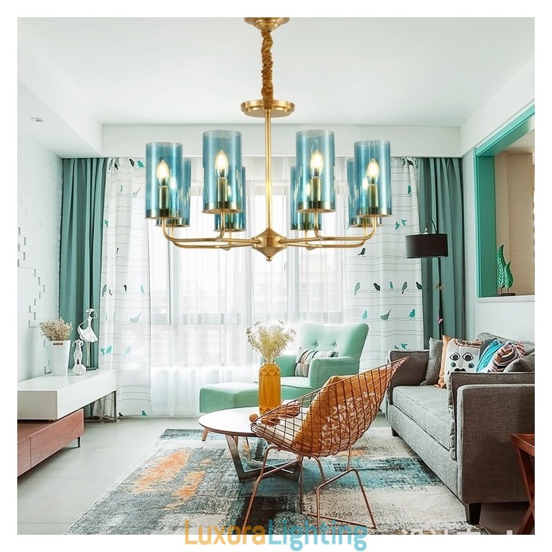 Designer Touch Decorative 8 Light Retro Rustic Luxury Brass Pendant Lamp Chandelier with Glass Shade