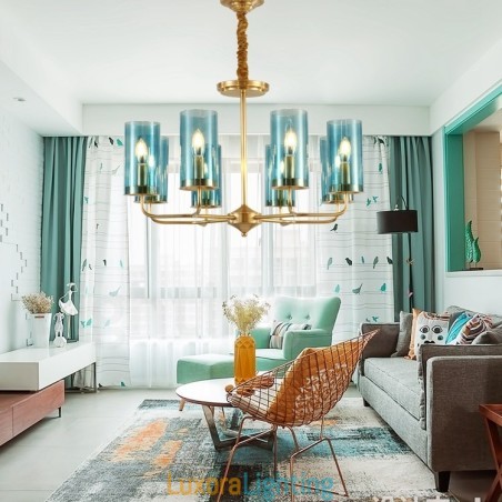 Designer Touch Decorative 8 Light Retro Rustic Luxury Brass Pendant Lamp Chandelier with Glass Shade