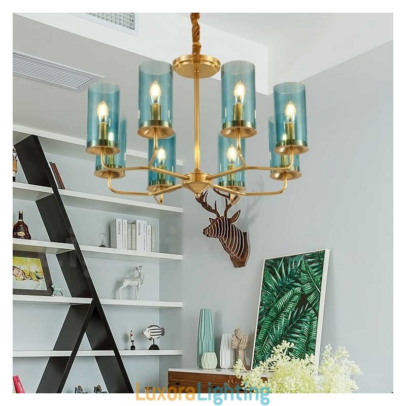 Designer Touch Decorative 8 Light Retro Rustic Luxury Brass Pendant Lamp Chandelier with Glass Shade