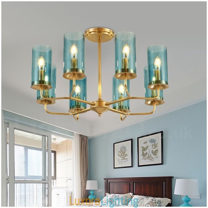 Designer Touch Decorative 8 Light Retro Rustic Luxury Brass Pendant Lamp Chandelier with Glass Shade