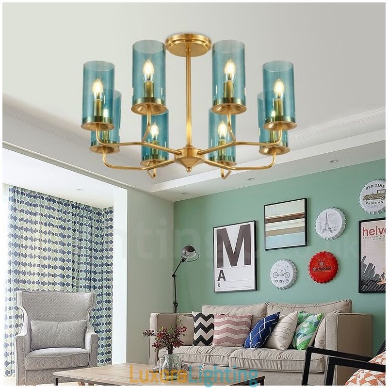 Designer Touch Decorative 8 Light Retro Rustic Luxury Brass Pendant Lamp Chandelier with Glass Shade