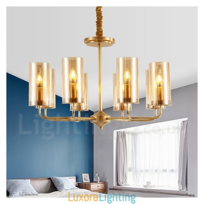 Designer Touch Decorative 8 Light Retro Rustic Luxury Brass Pendant Lamp Chandelier with Glass Shade