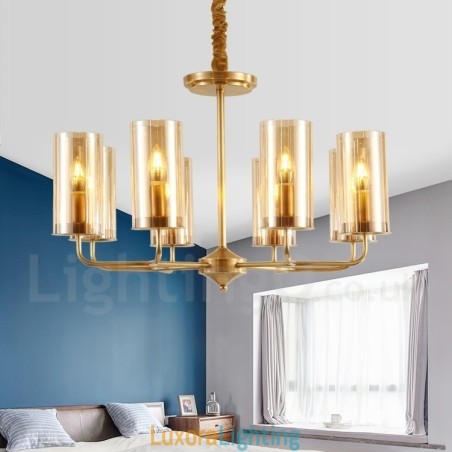 Designer Touch Decorative 8 Light Retro Rustic Luxury Brass Pendant Lamp Chandelier with Glass Shade