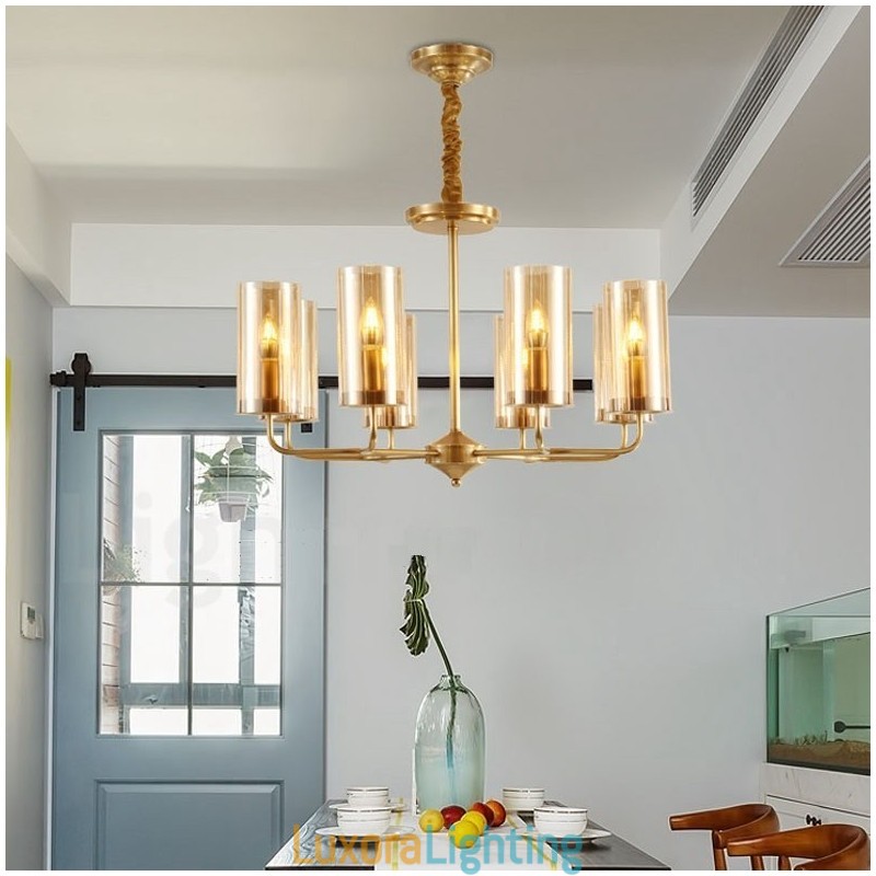 Designer Touch Decorative 8 Light Retro Rustic Luxury Brass Pendant Lamp Chandelier with Glass Shade