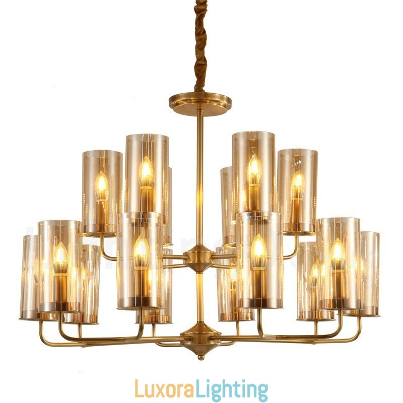 Designer Touch Decorative 16 Light Retro Rustic Luxury Brass Pendant Lamp Chandelier with Glass Shade