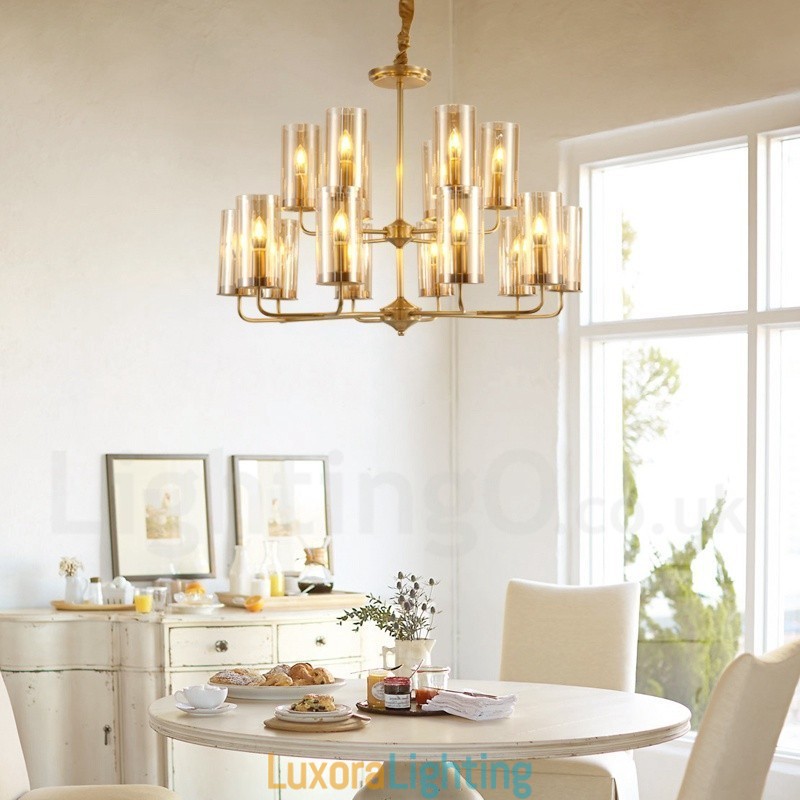 Designer Touch Decorative 16 Light Retro Rustic Luxury Brass Pendant Lamp Chandelier with Glass Shade