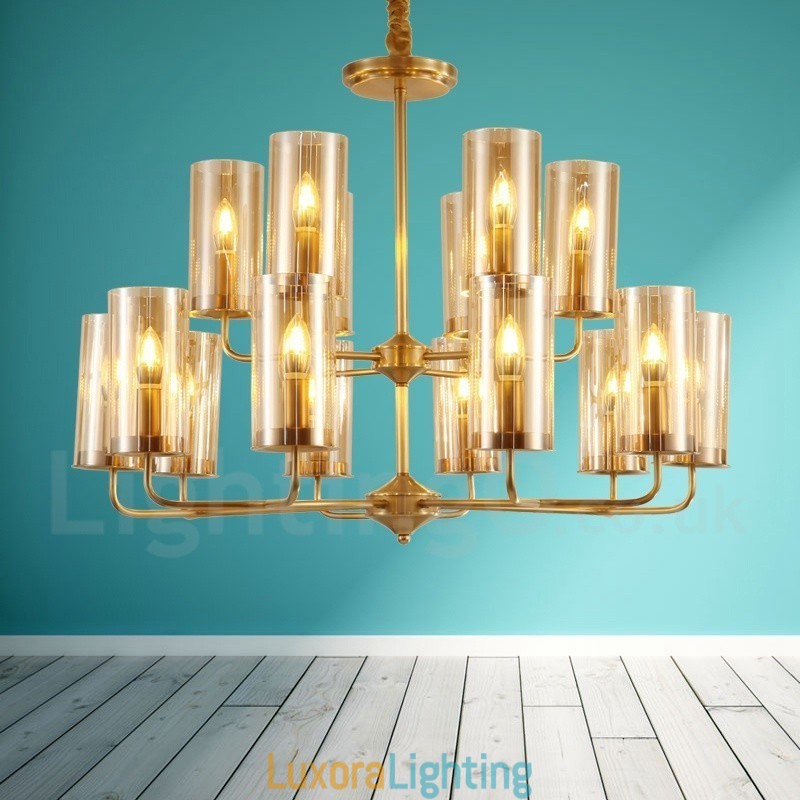 Designer Touch Decorative 16 Light Retro Rustic Luxury Brass Pendant Lamp Chandelier with Glass Shade