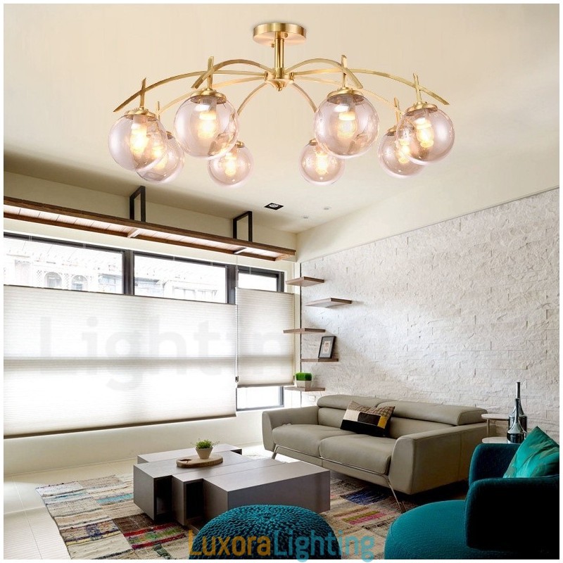 Designer Touch Decorative 8 Light Retro Rustic Luxury Brass Pendant Lamp Chandelier with Glass Shade