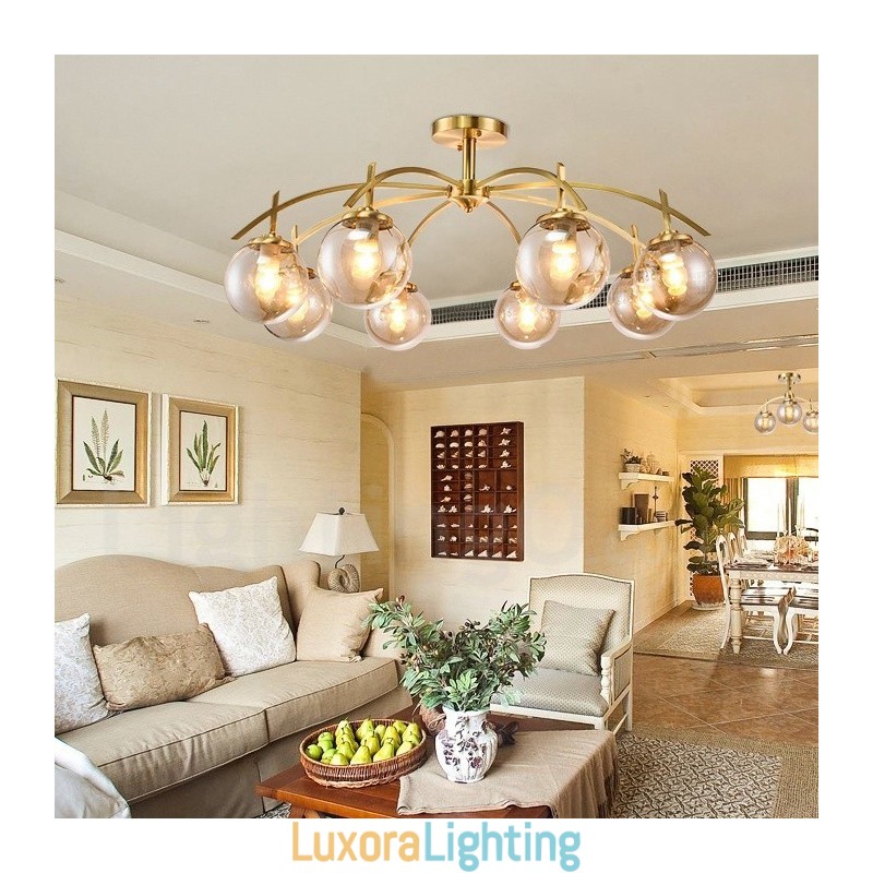 Designer Touch Decorative 8 Light Retro Rustic Luxury Brass Pendant Lamp Chandelier with Glass Shade