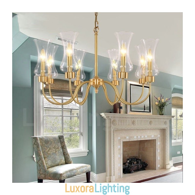 Designer Touch Decorative 8 Light Retro Rustic Luxury Brass Pendant Lamp Chandelier with Glass Shade