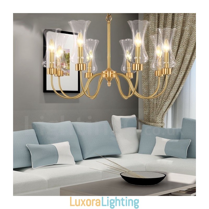 Designer Touch Decorative 8 Light Retro Rustic Luxury Brass Pendant Lamp Chandelier with Glass Shade