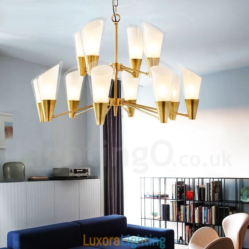 Designer Touch Decorative 12 Light Retro Rustic Luxury Brass Pendant Lamp Chandelier with Glass Shade