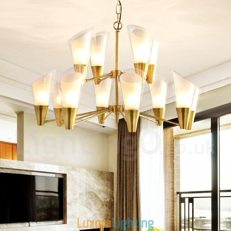Designer Touch Decorative 12 Light Retro Rustic Luxury Brass Pendant Lamp Chandelier with Glass Shade