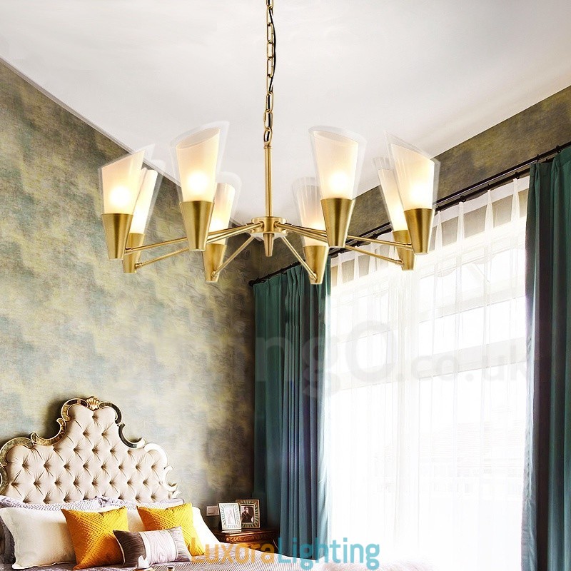 Designer Touch Decorative 8 Light Retro Rustic Luxury Brass Pendant Lamp Chandelier with Glass Shade