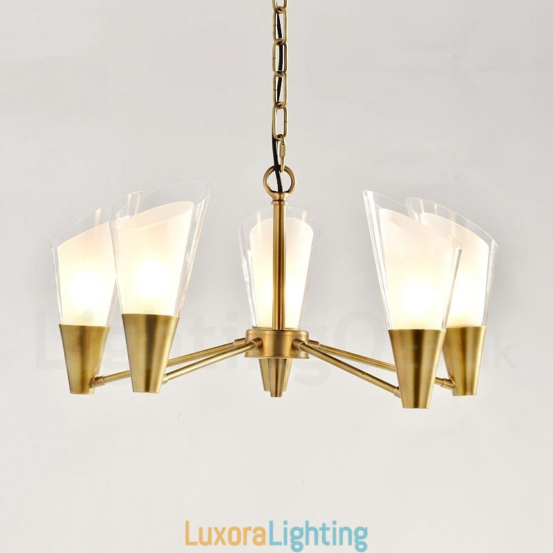 Designer Touch Decorative 5 Light Retro Rustic Luxury Brass Pendant Lamp Chandelier with Glass Shade