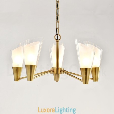 Designer Touch Decorative 5 Light Retro Rustic Luxury Brass Pendant Lamp Chandelier with Glass Shade