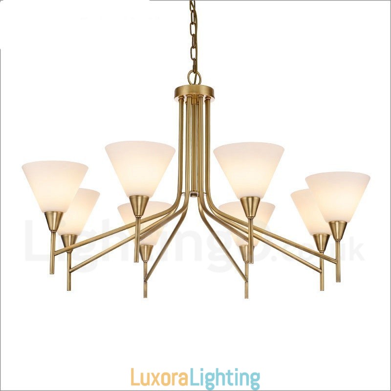 Designer Touch Decorative 8 Light Retro Rustic Luxury Brass Pendant Lamp Chandelier with Glass Shade
