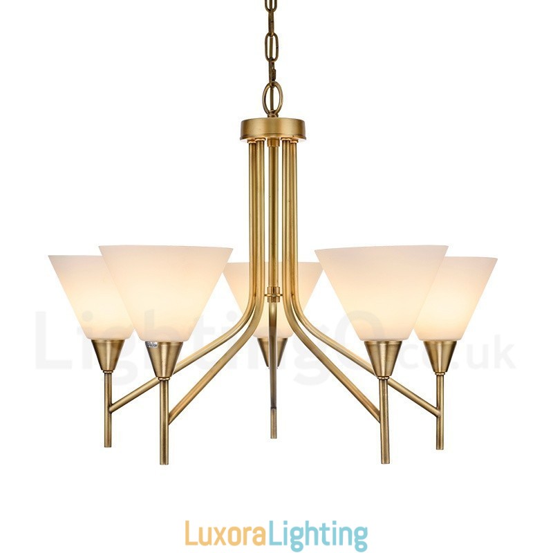Designer Touch Decorative 5 Light Retro Rustic Luxury Brass Pendant Lamp Chandelier with Glass Shade