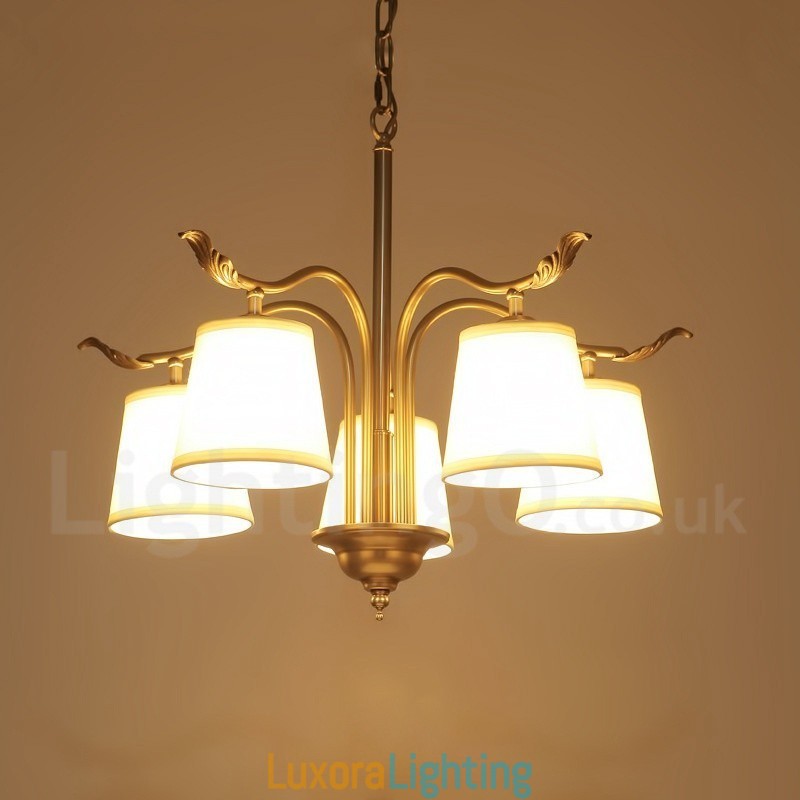 Designer Touch Decorative 5 Light Retro Rustic Luxury Brass Pendant Lamp Chandelier with Fabric Shade