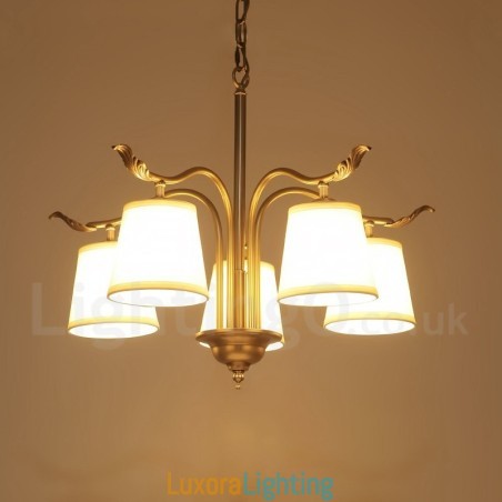 Designer Touch Decorative 5 Light Retro Rustic Luxury Brass Pendant Lamp Chandelier with Fabric Shade