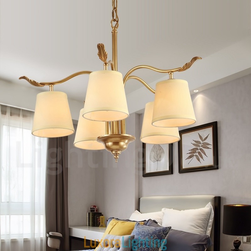 Designer Touch Decorative 5 Light Retro Rustic Luxury Brass Pendant Lamp Chandelier with Fabric Shade