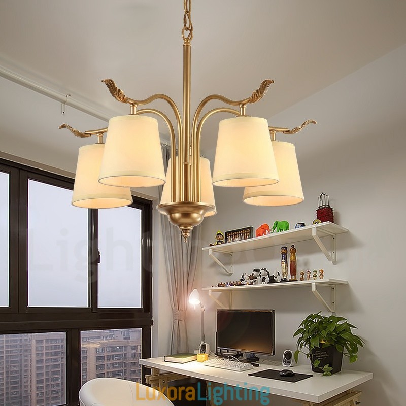 Designer Touch Decorative 5 Light Retro Rustic Luxury Brass Pendant Lamp Chandelier with Fabric Shade