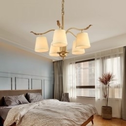 Designer Touch Decorative 5 Light Retro Rustic Luxury Brass Pendant Lamp Chandelier with Fabric Shade