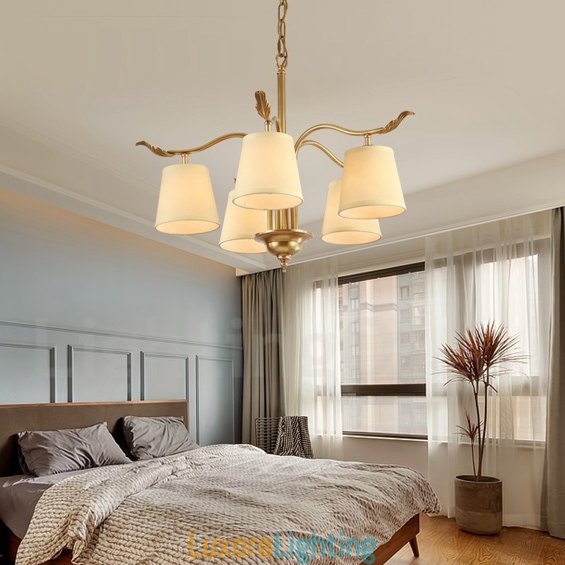 Designer Touch Decorative 5 Light Retro Rustic Luxury Brass Pendant Lamp Chandelier with Fabric Shade