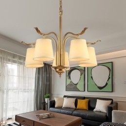 Designer Touch Decorative 5 Light Retro Rustic Luxury Brass Pendant Lamp Chandelier with Fabric Shade