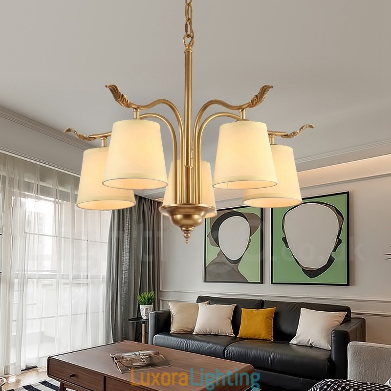 Designer Touch Decorative 5 Light Retro Rustic Luxury Brass Pendant Lamp Chandelier with Fabric Shade