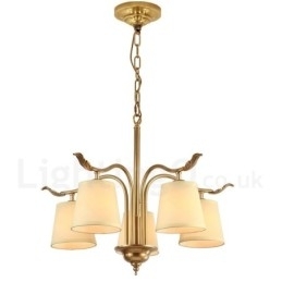Designer Touch Decorative 5 Light Retro Rustic Luxury Brass Pendant Lamp Chandelier with Fabric Shade