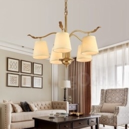 Designer Touch Decorative 5 Light Retro Rustic Luxury Brass Pendant Lamp Chandelier with Fabric Shade