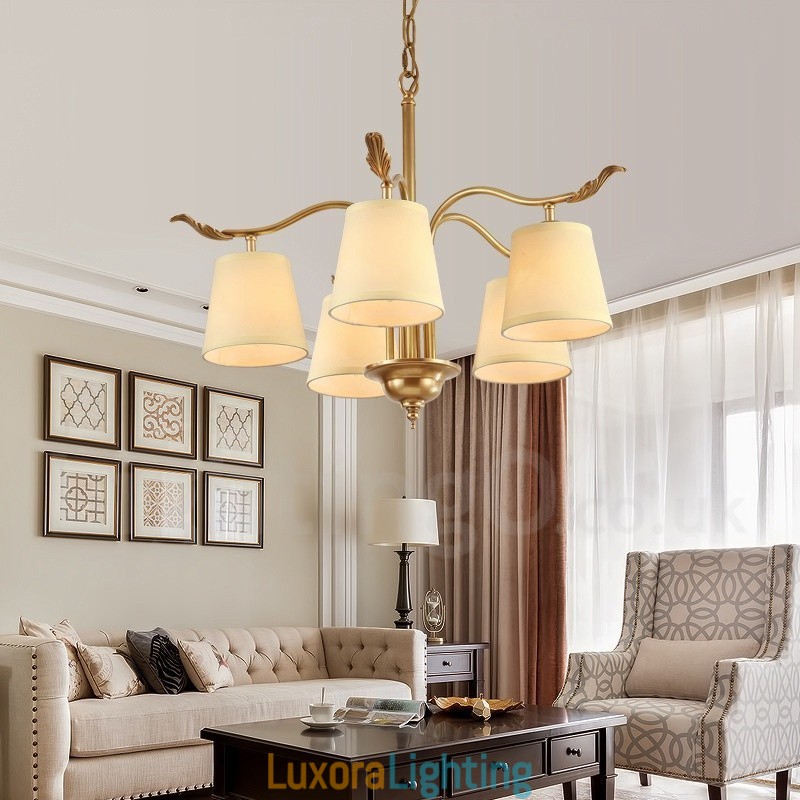 Designer Touch Decorative 5 Light Retro Rustic Luxury Brass Pendant Lamp Chandelier with Fabric Shade