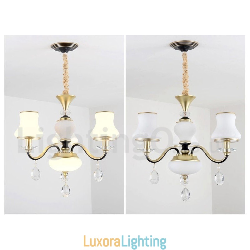 Designer Touch Decorative 3 Light Retro Rustic Luxury Crystal Pendant Lamp Chandelier with Glass Shade