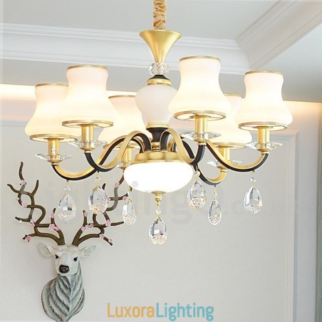Designer Touch Decorative 6 Light Retro Rustic Luxury Crystal Pendant Lamp Chandelier with Glass Shade