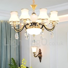 Designer Touch Decorative 8 Light Retro Rustic Luxury Crystal Pendant Lamp Chandelier with Glass Shade