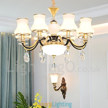 Designer Touch Decorative 8 Light Retro Rustic Luxury Crystal Pendant Lamp Chandelier with Glass Shade