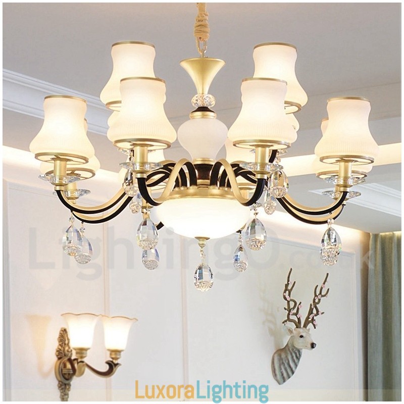 Designer Touch Decorative 12 Light Retro Rustic Luxury Crystal Pendant Lamp Chandelier with Glass Shade
