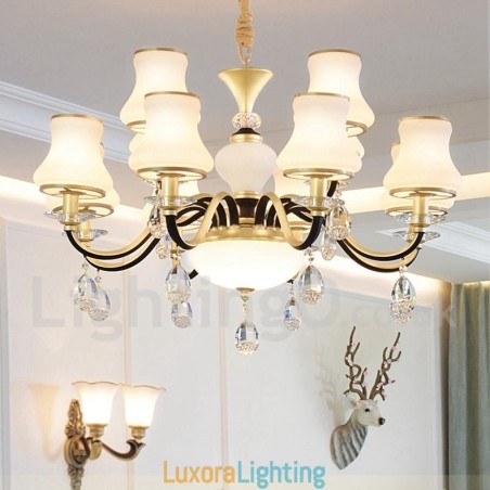 Designer Touch Decorative 12 Light Retro Rustic Luxury Crystal Pendant Lamp Chandelier with Glass Shade