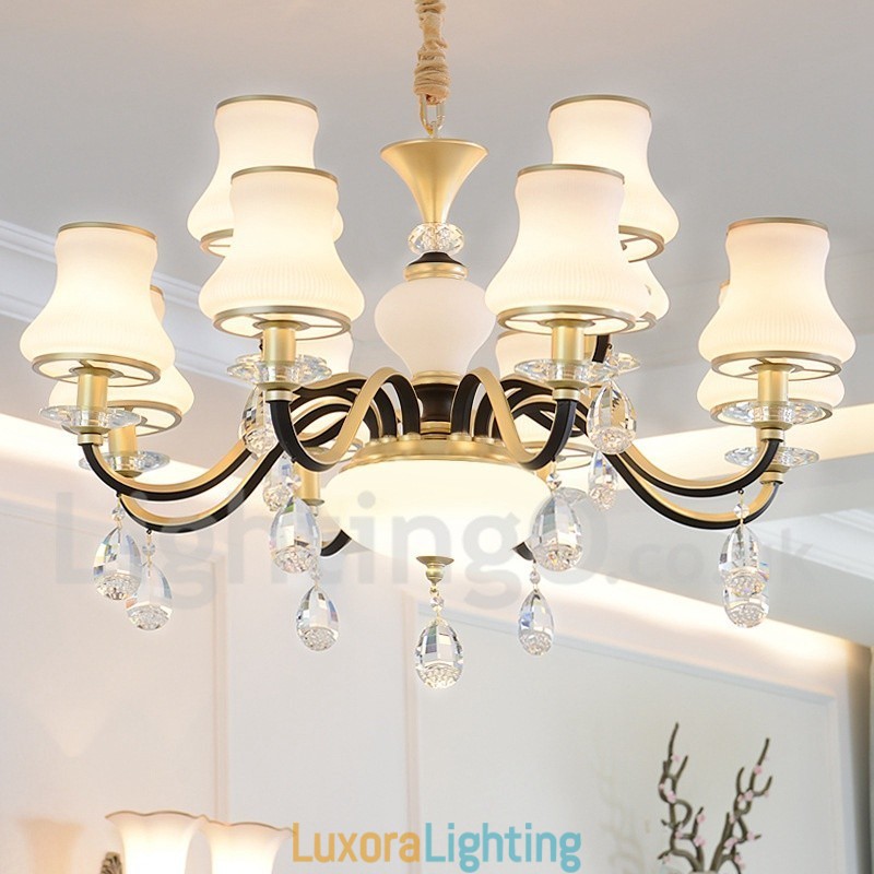 Designer Touch Decorative 12 Light Retro Rustic Luxury Crystal Pendant Lamp Chandelier with Glass Shade