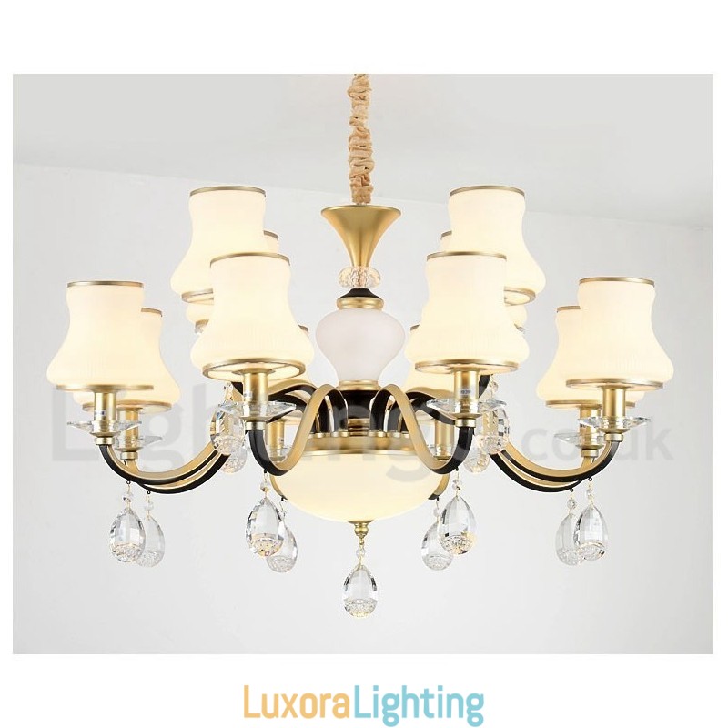 Designer Touch Decorative 12 Light Retro Rustic Luxury Crystal Pendant Lamp Chandelier with Glass Shade